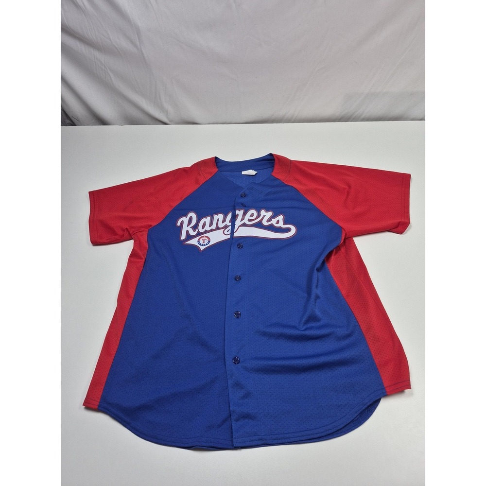 VTG Texas Rangers Jersey Mens L Blue MLB Baseball Off The Bench Button Front USA
